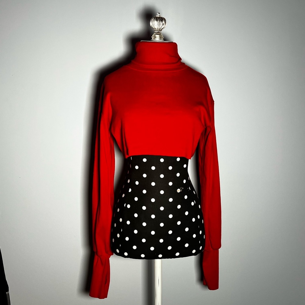 cropped red turtleneck with thumb holes
